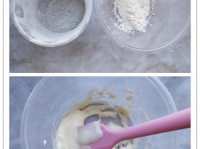 7. 趁烘烤的同时，留出少许低筋粉，将剩余的低筋粉和剩余的竹炭粉混合，形成一白一灰两种低粉。8. 把白色低粉与少许打发的全蛋液混合成白色蛋糕糊，加少许玉米油拌匀后，装入剪口裱花袋。