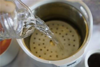 然后在炖锅里放入蒸垫，再加入清水，有指定的水位，不可少也不可多。将二个小炖盅移至到炖锅里面。