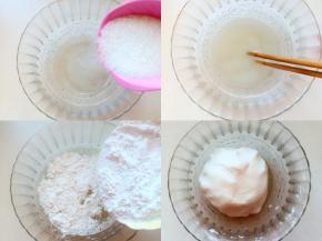 温水倒入碗内，放入细砂糖，用筷子搅拌融化，糖水备好。糯米粉放入糖水碗中，搅成絮状，揉成面团（也可以留一点点糖水，不够再加，如果水多了加糯米粉。）