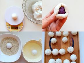 取出面团揉成小球，大概20g左右，揉搓好所有小球。取出一个小球放入清水中轻轻滚一圈，表面水量也不要太多。放入白芝麻碗中，滚动粘上芝麻。然后拿在手里再滚动几下，让芝麻粘的更紧一些。6