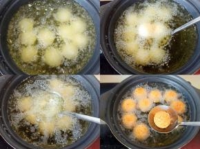 锅内倒入适量油，油最好是要能盖过麻团的，开小火加热，待油微热，放入麻团。麻团定型后不时用铲子推动炸的均匀。待麻团略微浮起，开始用铲子重复按压到每个麻团，捞出麻球装盘控油。