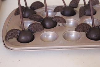 蘸取巧克力粘到蛋糕上