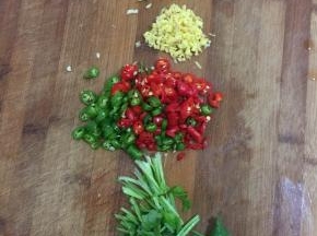 蒜瓣剥皮剁碎，生姜切成末，青红尖椒切成圈儿，香菜洗净切成段儿备用。