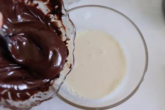 融化后的巧克力，倒入牛奶吉利丁溶液中，搅拌均匀，保温待用