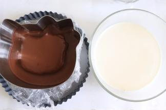 冰箱冷藏里拿已经凝固的巧克力层，倒入刚才制作的牛奶液，即可。
