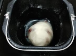 最后在把浸泡好的蔓越莓干放入面包桶中揉均匀即可，放入面包桶中，直接第一次发酵