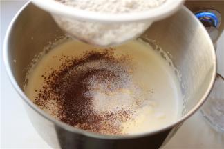 可可粉和低筋粉混合在一起过筛，加入一半到蛋糕糊里。用刮刀兜底翻拌，大约十几二十下，左手要不停的转动打蛋盆，保证每一个地方都拌到。