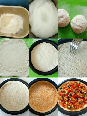 将醒发好的面团取出，轻揉拍气，分成两个大小一样的面团，擀好放入抹了油的披萨盘中。用叉子给披萨面饼均匀戳小孔，涂抹披萨酱或者番茄酱。先撒入一层芝士，把腌渍好的虾仁时蔬依次铺上，最后撒上厚厚的芝士。