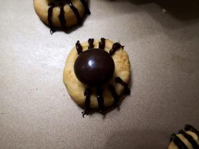 8.	把裱花袋前面剪一下小口，把巧克力挤在中间，然后放上麦丽素，再在周围画蜘蛛的腿，