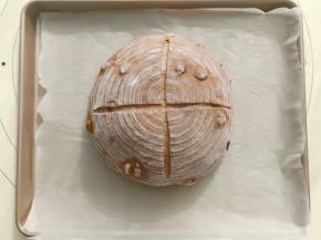 把发好的面团倒在阳晨12寸浅烤盘中。用割刀十字划开。