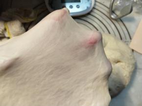 再加入黄油，搅拌至手套膜状态即可。