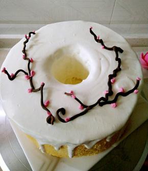 淋在蛋糕上，摆上黑巧克力做的树枝，用少量奶油加粉色素，挤上花骨朵，摆上巧克力花即可。