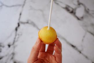 然后将巧克力隔水融化，用棒棒醮上少许巧克力插入蛋糕内，再裹上巧克力，撒上彩色糖珠和彩色糖针装饰即可