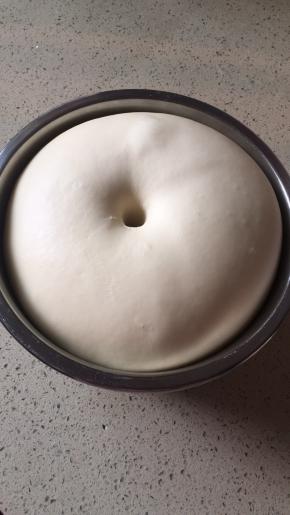 面团发到两倍大的时候 手指头粘面粉插入  拔出手指后  洞保持这样的圆形就表示一发完成了