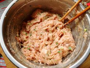 然后倒掉萝卜丝腌制出来的水分，并用手抓干萝卜丝的水分，将白萝卜丝加入到拌好的肉馅里，淋上1大勺香油，拌匀后再加入切碎的香葱，用筷子轻轻拌匀，白萝卜丝肉馅就做好了，将馅料密封好放入冰箱冷冻一下，这样可以锁住肉馅里面的水分，等会蒸出来就会有汤汁了。