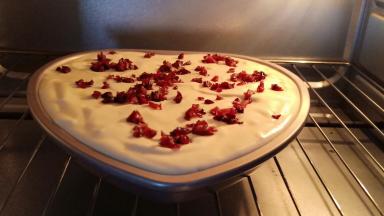 撒上蔓越莓碎，震出大气泡，放入预热好的烤箱，上下火135度烤55分钟。