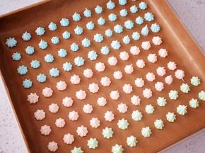 裱花袋装入裱花嘴，再把蛋白霜装入，烤盘铺上耐高温油纸，再挤入蛋白霜