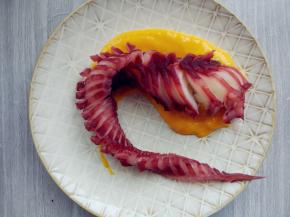 芒果泥打底，放上章鱼足，用喷枪将表面烧出焦香味（如果没有喷枪可省略），淋上酱汁，摆盘即可