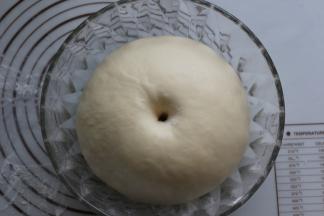 待面团发大到两倍大时，用手指检查戳洞，如果洞口没明显回缩即可发酵好，第一次发酵要看状态不看时间，所以这次要很注意别发过了