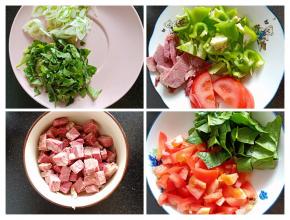 1.如图将牛肉，香菇，西红柿切粒 ，葱切丝，香菜，青菜切碎，准备的时候牛肉和西红柿各留几片最后做装饰用
