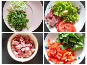 1.如图将牛肉，香菇，西红柿切粒 ，葱切丝，香菜，青菜切碎，准备的时候牛肉和西红柿各留几片最后做装饰用
