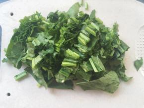 新鲜菠菜清洗干净，切碎段放榨汁机内榨成菠菜泥