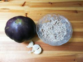 准备好食材：圆茄子，肉末，蒜瓣