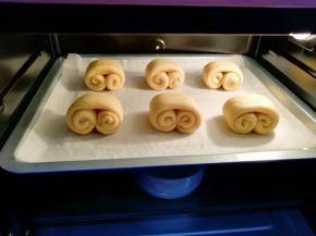 烤箱调至“发酵”功能，放入一碗热水，将面包卷送入烤箱二次发酵。