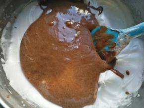 将搅拌好的蛋糕糊倒回蛋白霜盆里，用刮刀翻拌均匀