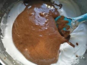 将搅拌好的蛋糕糊倒回蛋白霜盆里，用刮刀翻拌均匀