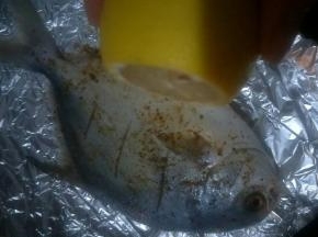 把鱼放入铺了锡纸的烤盘，涂上柠檬汁和烧烤料