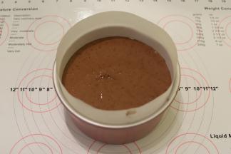 6寸蛋糕模四周围上一层油纸，倒入蛋糕糊，轻震几下。