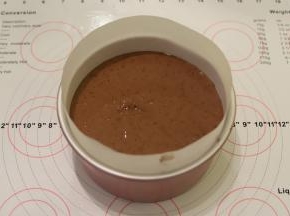 6寸蛋糕模四周围上一层油纸，倒入蛋糕糊，轻震几下。