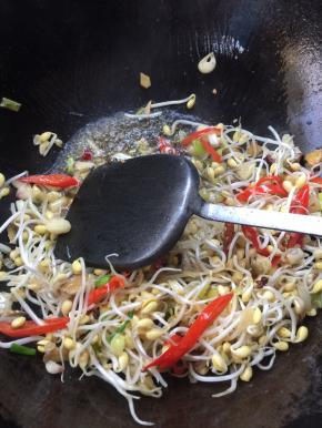 放入黄豆芽翻炒均匀。