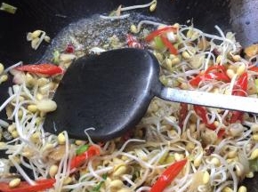 放入黄豆芽翻炒均匀。