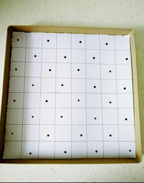 准备一张干净的素描纸（或油纸）在上面画出格子，在画好格子的纸张上铺一张烘焙油布。