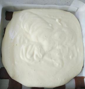 取出稍微放凉，倒入原味蛋糕糊，用刮板刮平表面，轻震气泡，继续用150度烘烤25分钟。