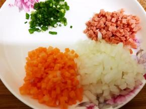 胡萝卜，洋葱，火腿肠切丁，小葱切葱花