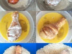 当鸡腿腌制到一定的时间时，打开保鲜膜，把腌制调料在往鸡腿上裹一裹，取一个先裹玉米淀粉，把鸡腿放到玉米淀粉里，打几个滚，淀粉裹均匀后用同样的方法去滚鸡蛋，之后是面包糠。然后依次放到不沾烤盘上。【给鸡腿裹淀粉的时候可以预热烤箱，200度10分 钟。】