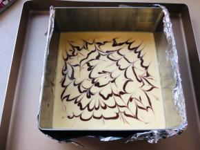 将芝士糊倒入模具中，用可可芝士糊在表面由内向外花圆。再用牙签随意在在蛋糕表面划出不规则的图案