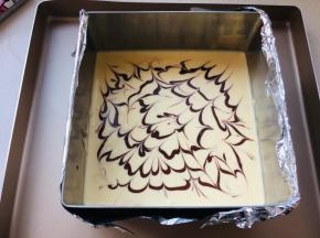 将芝士糊倒入模具中，用可可芝士糊在表面由内向外花圆。再用牙签随意在在蛋糕表面划出不规则的图案