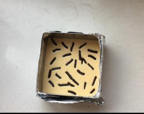 将芝士糊倒入到模具中。饼底部分剩下的材料，再次擀成薄片，切成小条。撒在蛋糕表面装。