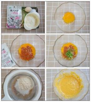 准备食材，鸡蛋打入碗中，加入cook100意面肉酱，小葱切成葱花加入碗中，面粉过筛到碗里，搅拌均匀成略微浓稠的糊状