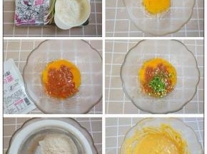 准备食材，鸡蛋打入碗中，加入cook100意面肉酱，小葱切成葱花加入碗中，面粉过筛到碗里，搅拌均匀成略微浓稠的糊状