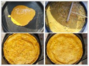 电饼铛预热刷一层薄薄的油，倒入面糊 ，将面糊均匀的铺满整个饼铛，烙至一面定型后翻面