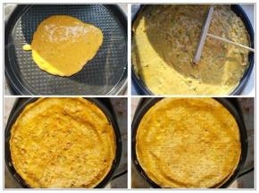 电饼铛预热刷一层薄薄的油，倒入面糊 ，将面糊均匀的铺满整个饼铛，烙至一面定型后翻面