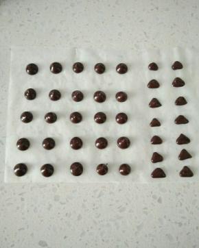 15巧克力币隔水融化，在油纸上挤出大小一致的圆片，装饰小熊眼和鼻子。