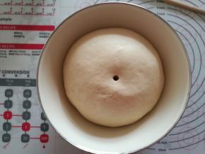 除黄油外的其他材料，放在面包机里揉匀。揉至可以拉出大片厚膜的时候，加入黄油，揉匀。将面团滚圆放盆里进行第一次发酵，盆上盖保鲜膜。
面团发酵至用筷子沾面粉扎洞，面团不塌陷，洞不回缩。