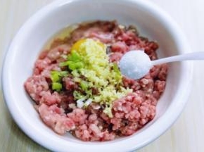 将切好的葱姜蒜末加入肉糜中，加入盐。