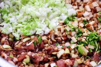 大白菜和豆腐干提前用刀切成小丁，香菜切末都放入猪肉馅里。